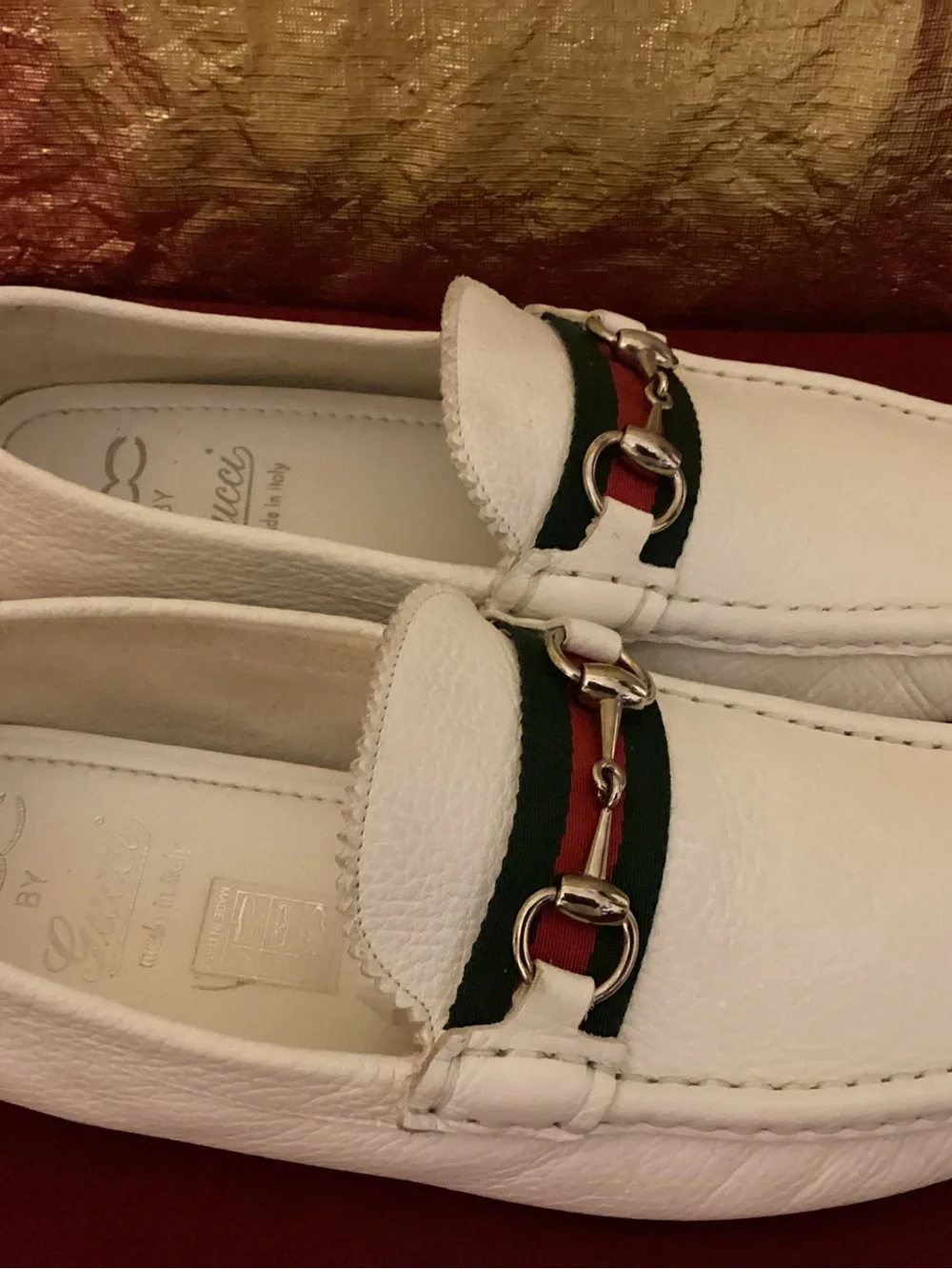 Gucci White Leather Loafers with Green-Red Web and Silver Bit